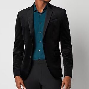 J Ferrar Black VELVET Slim Fit FORMAL‎ Tux Jacket Modern PROM Blazer 42S EUC